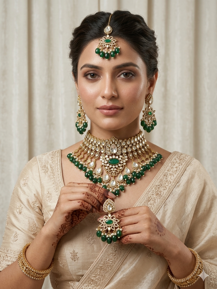 Emerald green bridal kundan choker and long necklace set