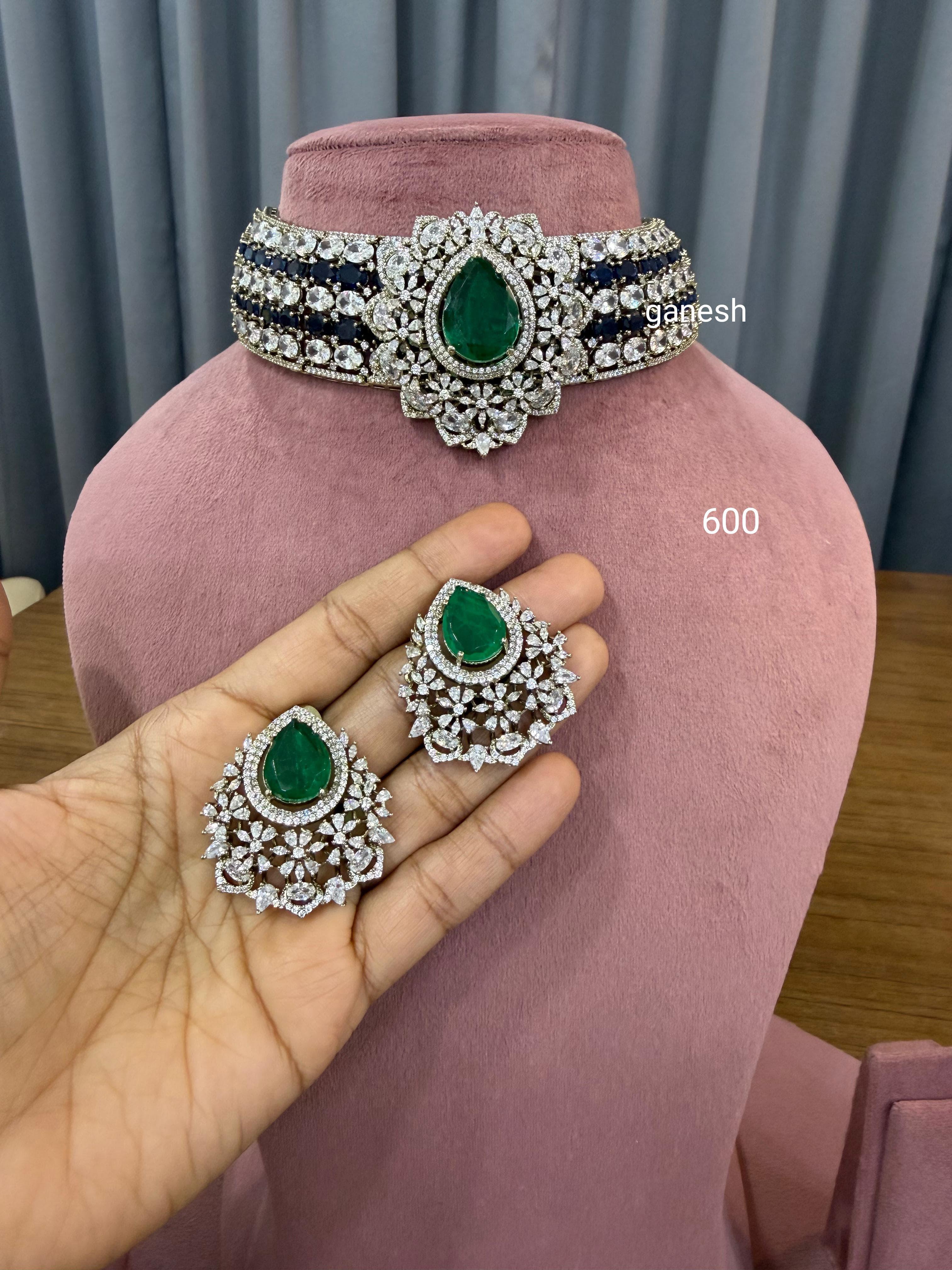 Bridal polki choker necklace green stone set