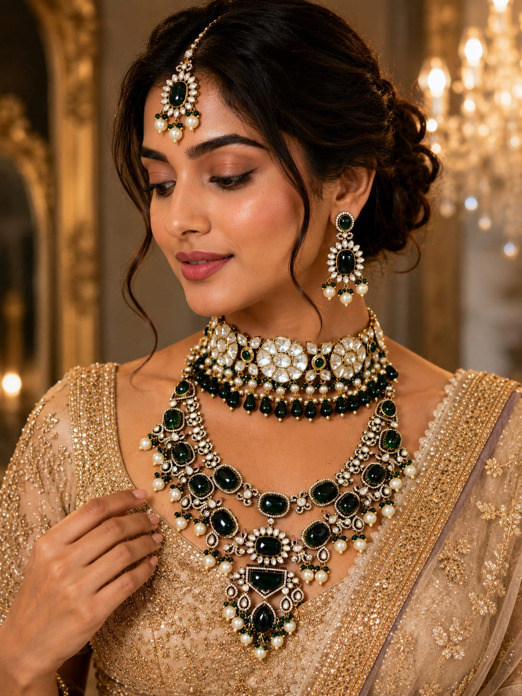Luxury Bridal Kundan Jewellery Set with Green Stone Necklace and Earrings