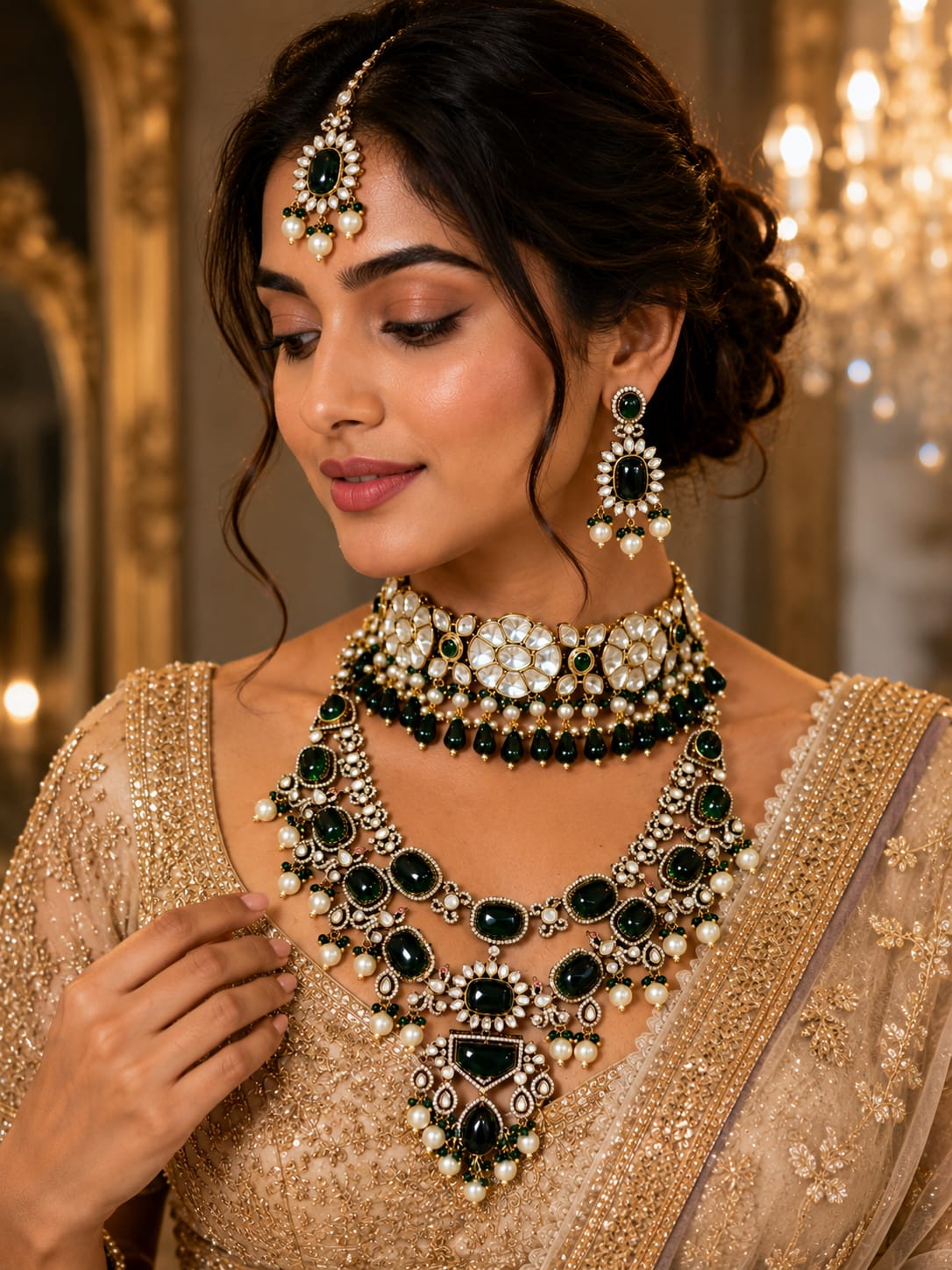 Luxury Bridal Kundan Jewellery Set with Green Stone Necklace and Earrings