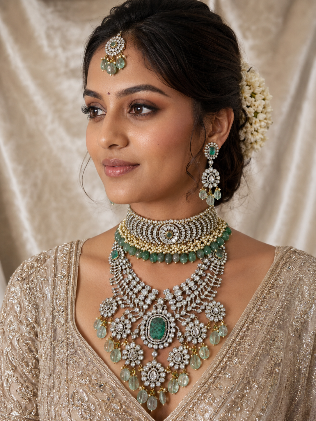 Emerald Green Bridal Kundan and Polki Jewellery Set with Choker and Long Necklace