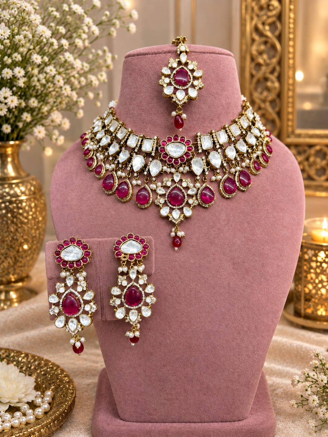 Heirloom Ruby Kundan Polki Choker Set with Maang Tikka - Kundan Polki Bridal Jewellery by Ganesh Kundan & Polki