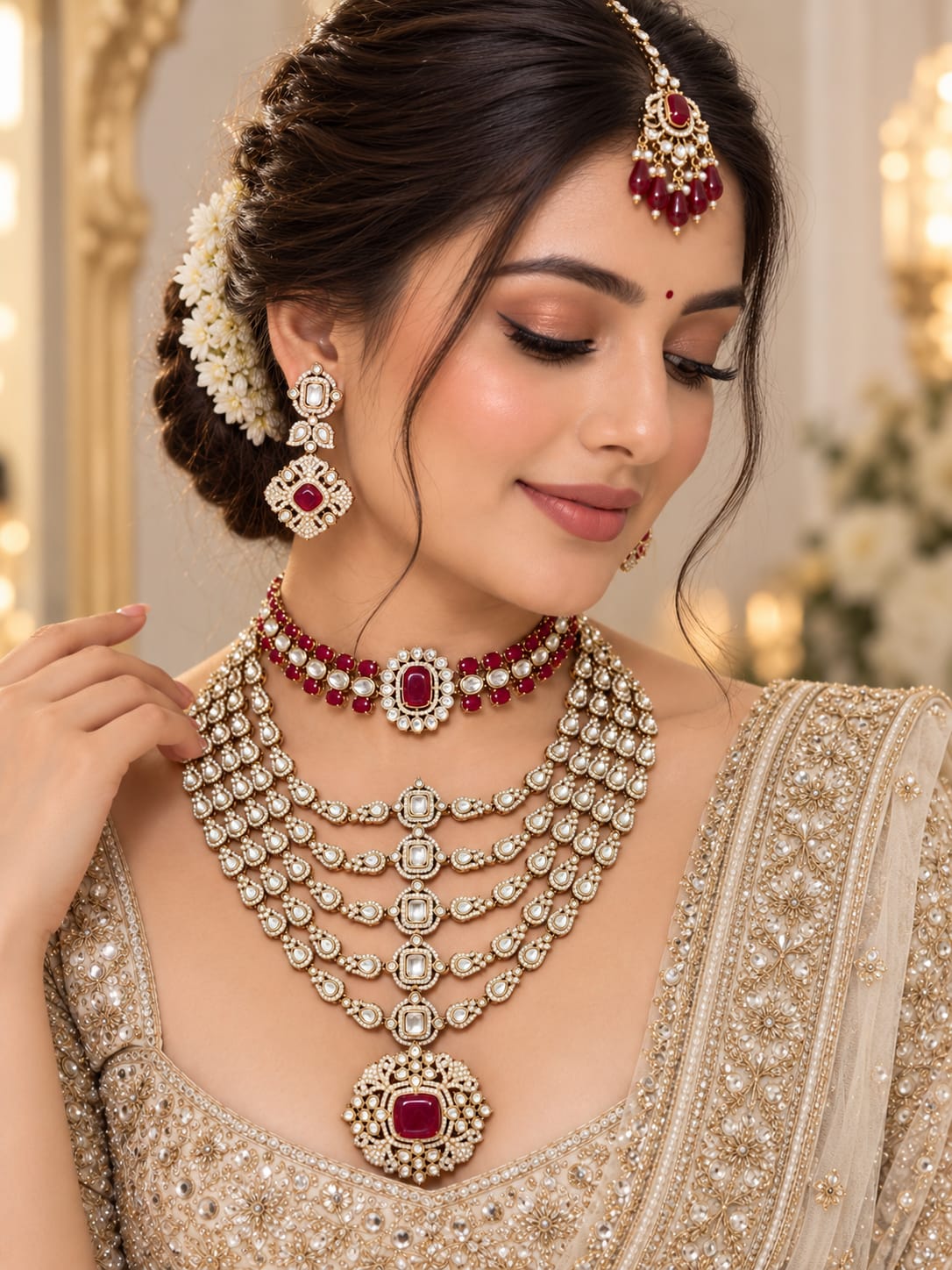 Shaahi Ruby Kundan Polki Choker & Long Haar Set - Kundan Polki Bridal Jewellery by Ganesh Kundan & Polki (view 2)