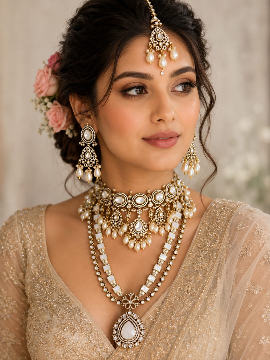 Designer Pearl White Polki Choker Jewellery Set

