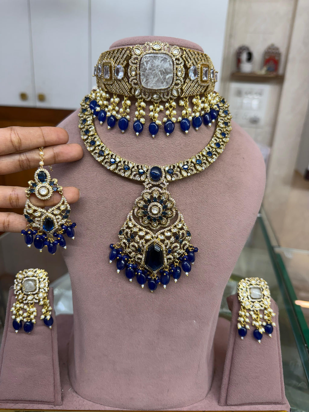 Royal Blue Bridal Kundan Polki Choker Necklace Set with Earrings and Statement Pendant