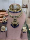 Royal Blue Bridal Kundan Polki Choker Necklace Set with Earrings and Statement Pendant