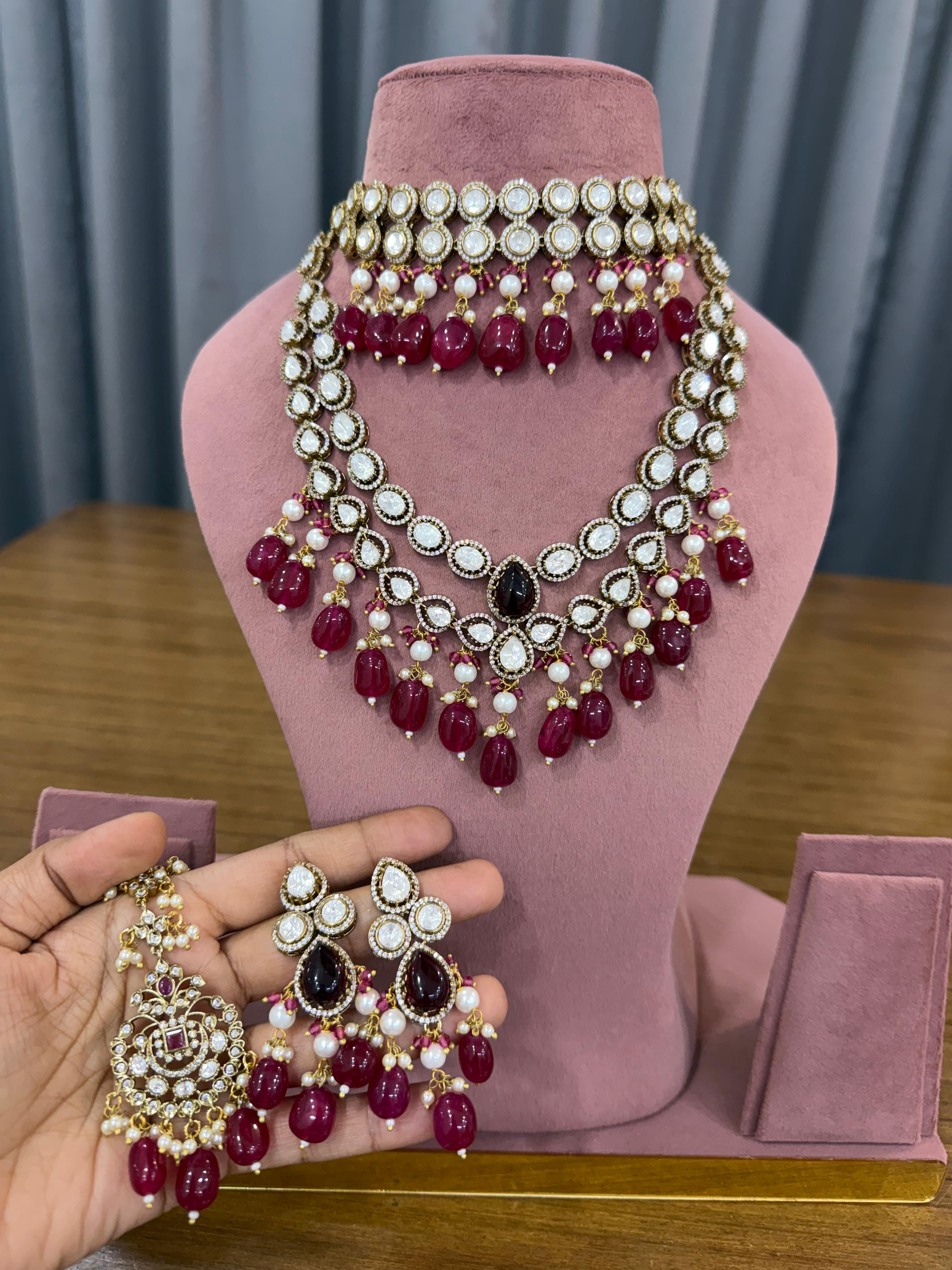 Ruby Red Polki Kundan Bridal Jewellery Set with Choker and Long Necklace.