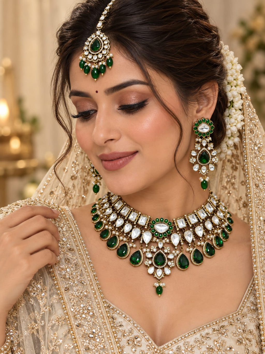 Jaipuri Emerald Kundan Polki Choker Set with Maang Tikka - Kundan Polki Bridal Jewellery by Ganesh Kundan & Polki (view 2)