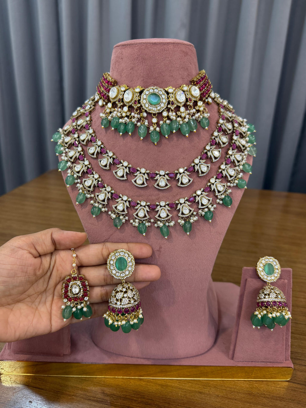 Emerald Green Bridal Kundan Polki Jewellery Set with Choker and Layered Necklace