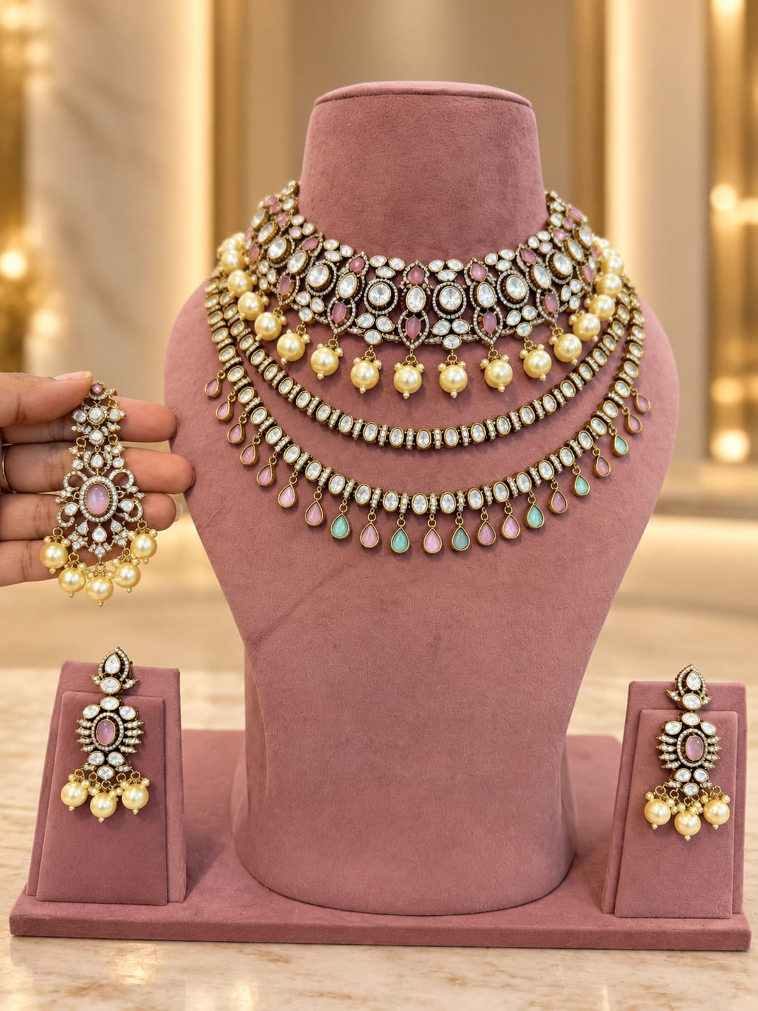 Mehendi-Ready Pink-Mint Kundan Polki Choker & Haar Set - Kundan Polki Bridal Jewellery by Ganesh Kundan & Polki