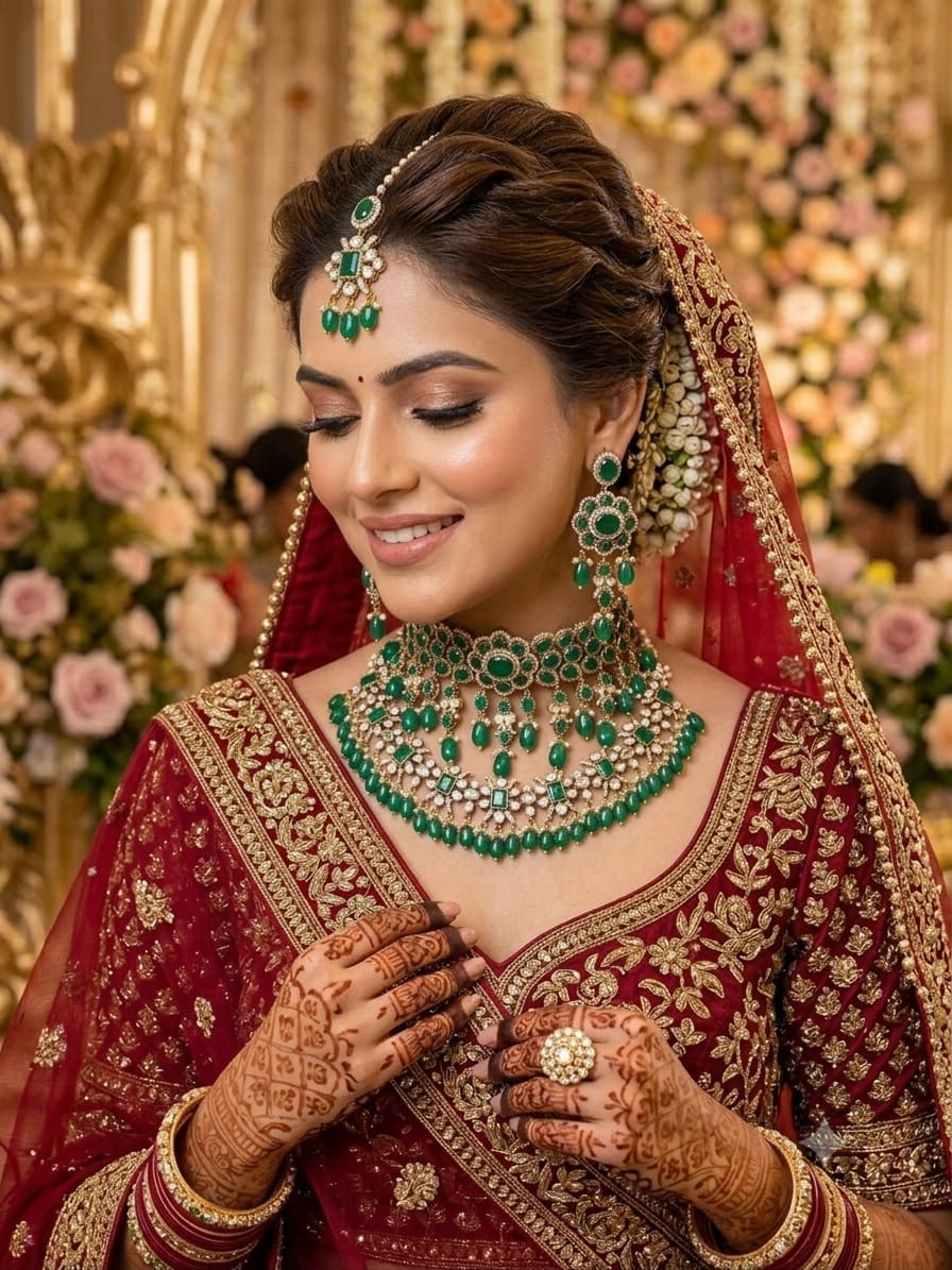 Designer Green Wedding Jewellery Set with Earrings
