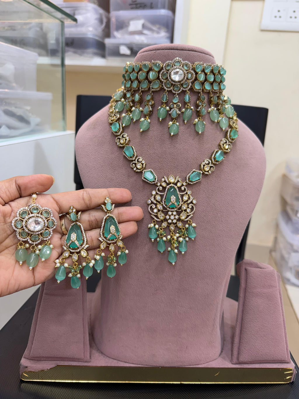 Premium Sea Green Bridal Kundan Polki Choker and Long Necklace Jewellery Set with Earrings and Maang Tikka