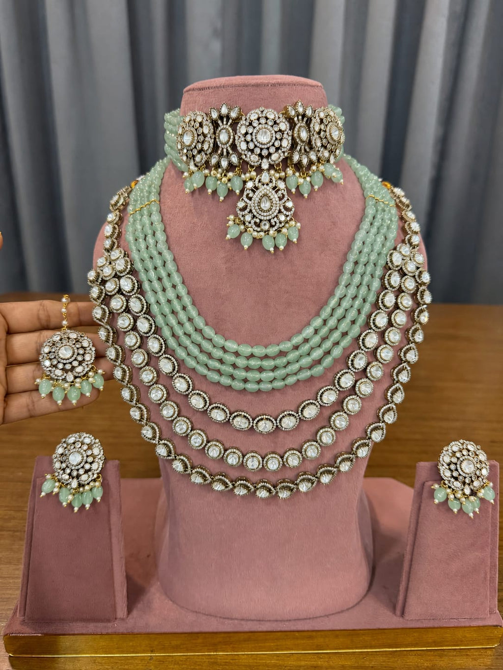 Premium Mint Green Bridal Kundan & Polki Jewellery Set with Multi-Layer Beaded Haram, Choker and Stud Earrings