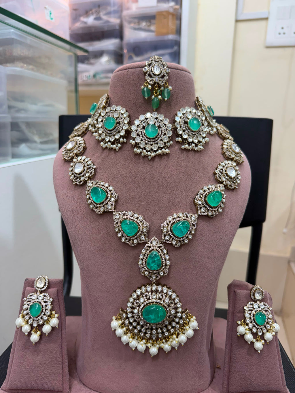 Green Bridal Kundan Polki Jewellery Set with Long Necklace, Earrings and Maang Tikka