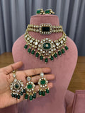 Emerald Green Bridal Kundan and Polki Jewellery Set with Choker Necklace and Earrings