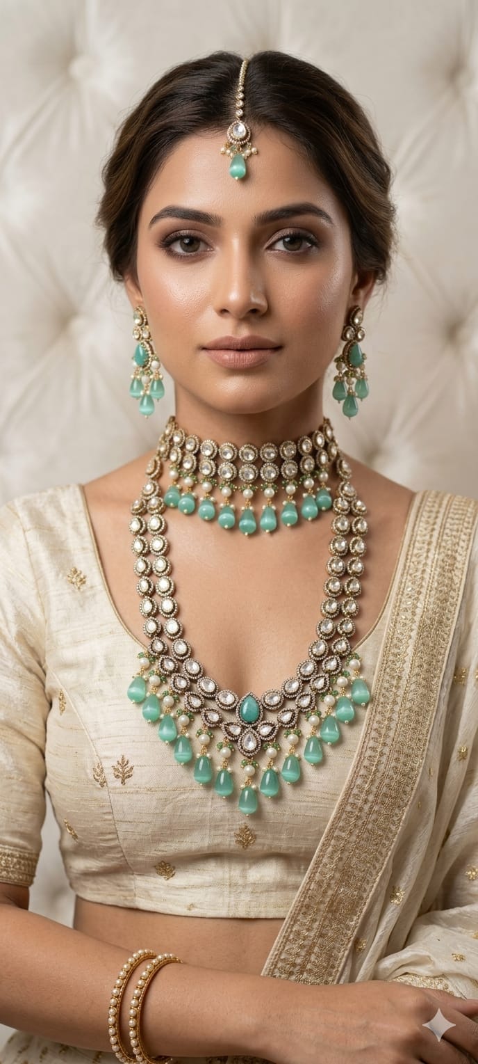 Traditional Indian wedding jewellery set with sea green drops and pearls.