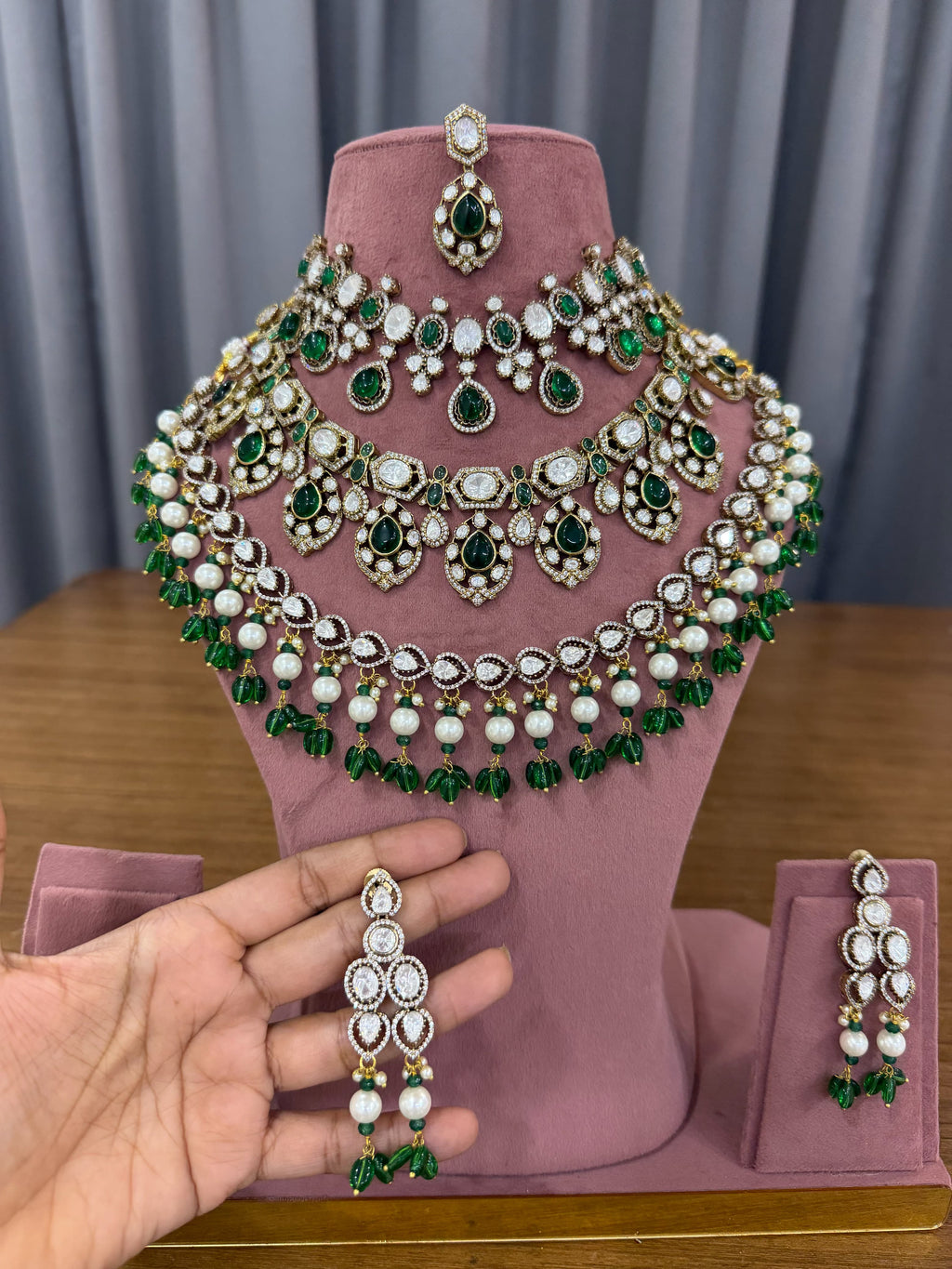 Emerald Green Bridal Kundan Polki Jewellery Set with Choker and Long Necklace