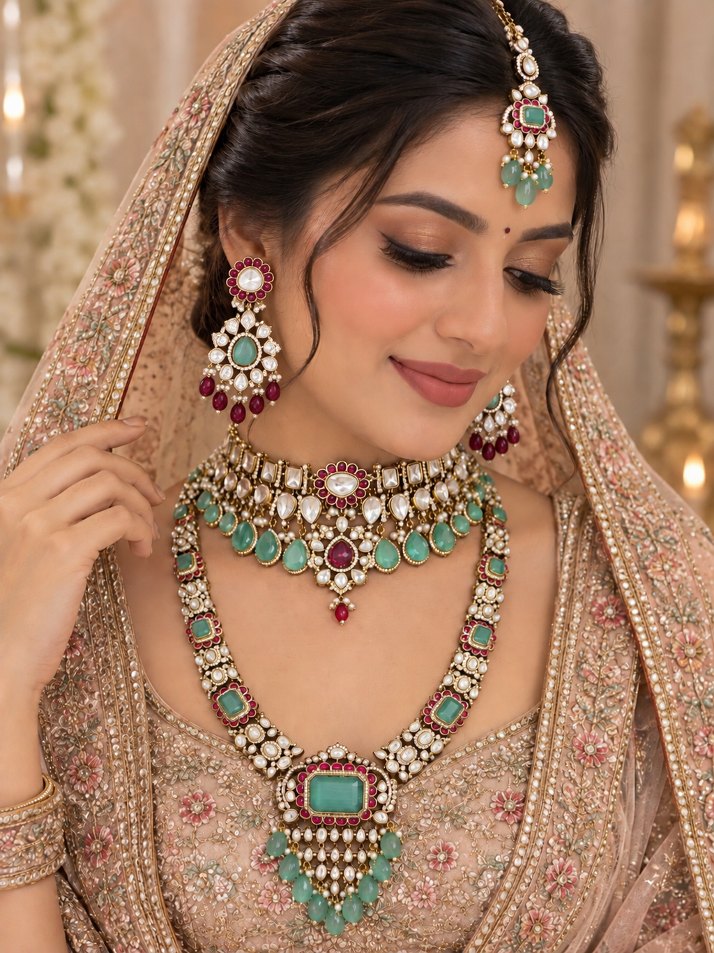 Jodhpuri Mint Kundan Polki Choker & Haar Set - Kundan Polki Bridal Jewellery by Ganesh Kundan & Polki (view 2)