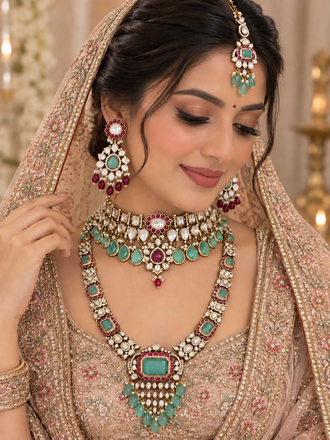 Jodhpuri Mint Kundan Polki Choker & Haar Set - Kundan Polki Bridal Jewellery by Ganesh Kundan & Polki (view 2)