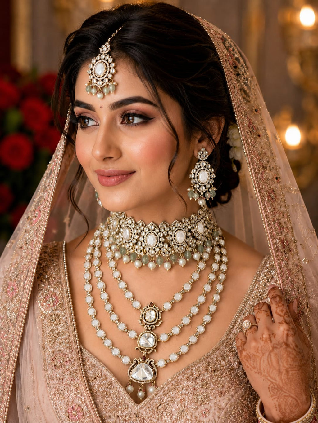 Luxury White Polki Bridal Jewellery Set with Triple Layer Necklace
