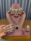 Premium Ruby Red Bridal Kundan Polki Long Necklace and Choker Jewellery Set with Earrings
