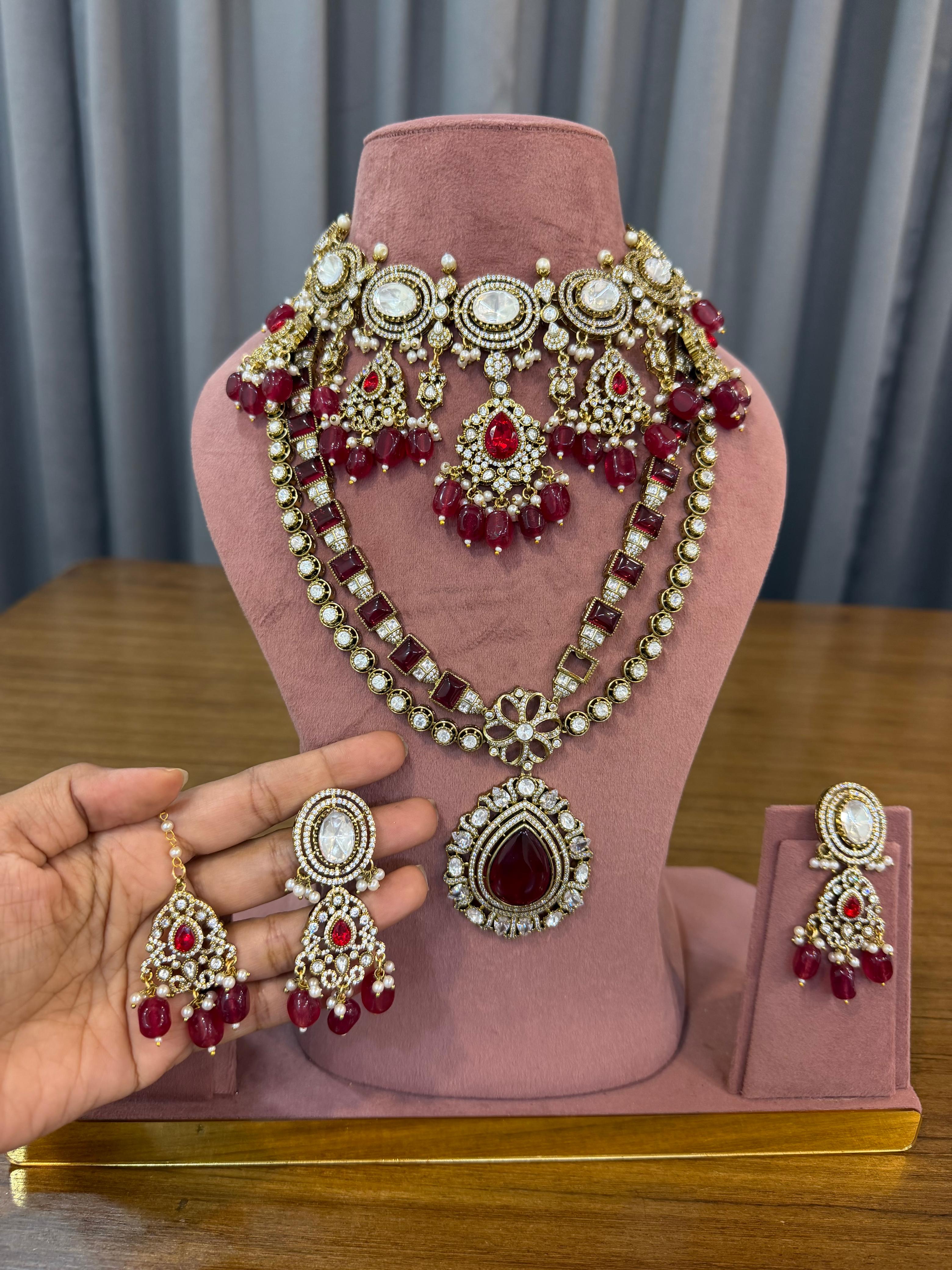 Premium Ruby Red Bridal Kundan Polki Long Necklace and Choker Jewellery Set with Earrings