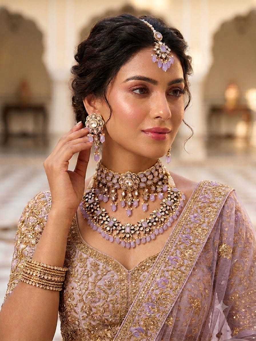 Lavender Bridal Kundan Polki Jewellery Set with Choker, Earrings & Maang Tikka | Premium Wedding Jewellery