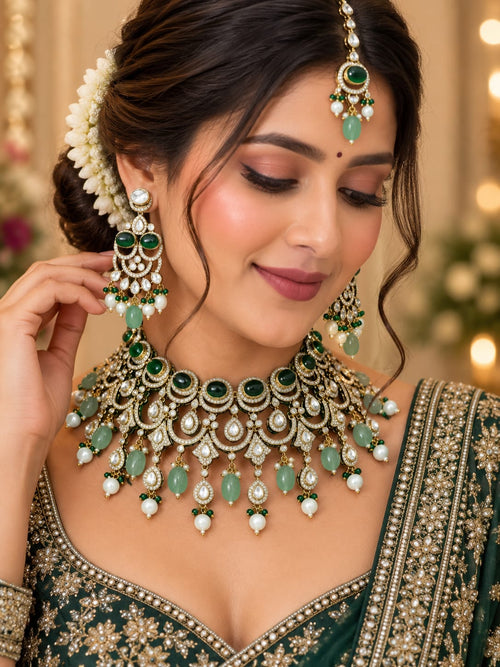 Green Kundan Polki bridal jewellery set with matching earrings