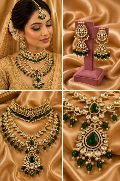Antique Gold Finish Emerald Kundan Polki Choker & Haar Set - Kundan Polki Bridal Jewellery by Ganesh Kundan & Polki (view 2)