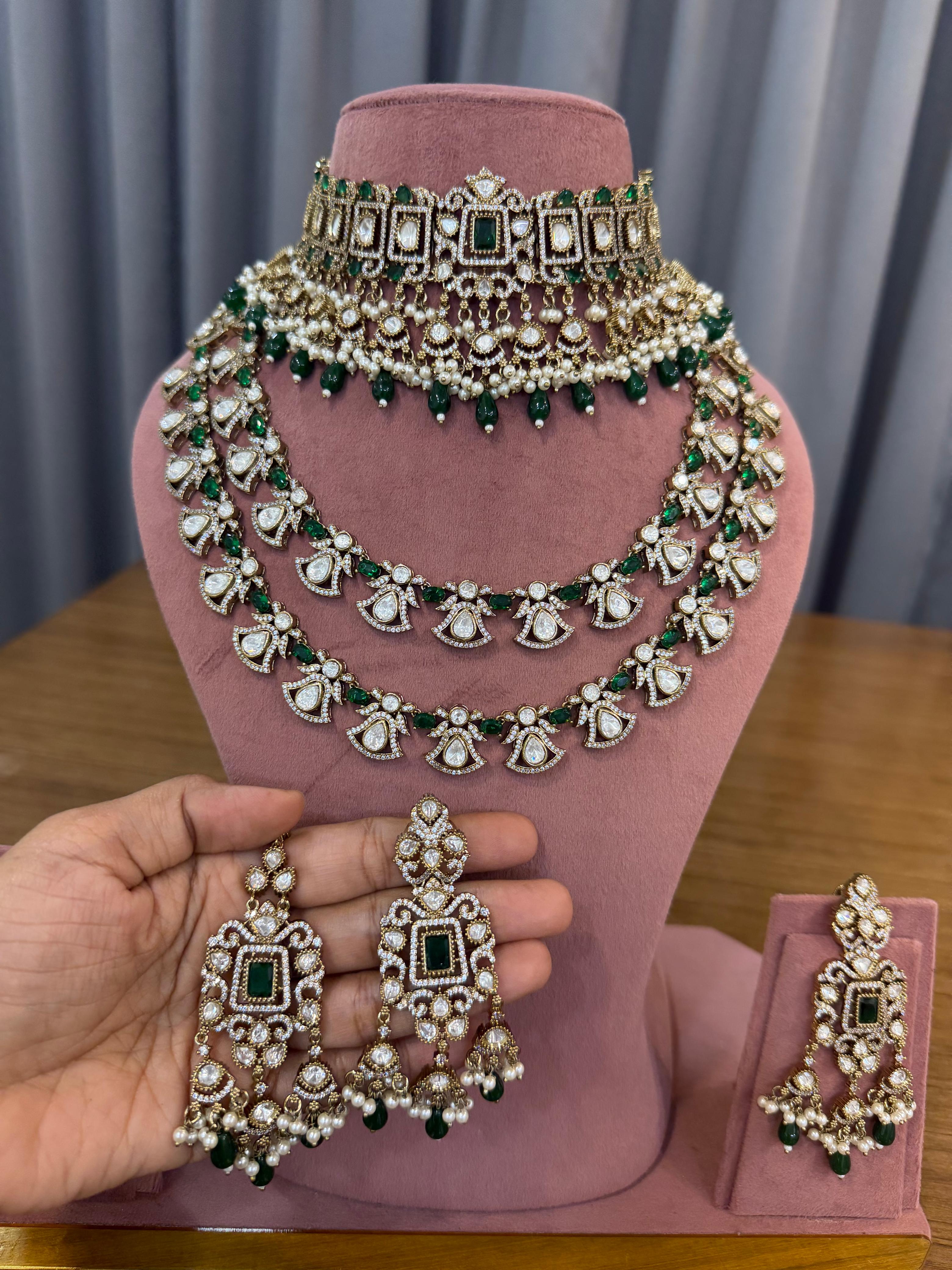 Emerald Green Bridal Kundan and Polki Jewellery Set with Choker and Layered Necklace