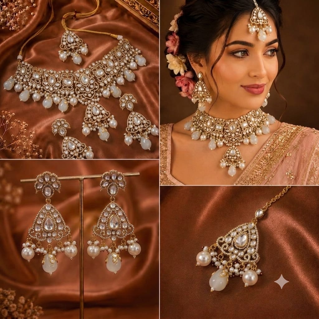 Designer Kundan Choker Necklace with Earrings and Tikka