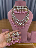 Pink Cat's Eye Kundan and Polki Bridal Jewellery Set with Choker and Long Haar.