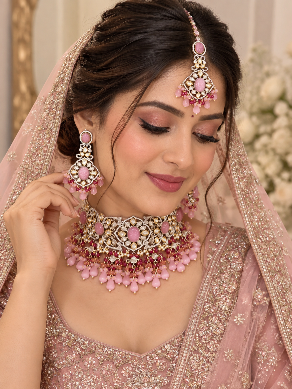 Flawless Pink Kundan Polki Choker Set - Kundan Polki Bridal Jewellery by Ganesh Kundan & Polki (view 2)