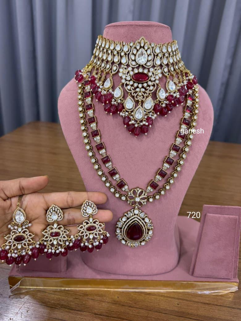 Bridal kundan polki jewellery set with choker long necklace ruby red