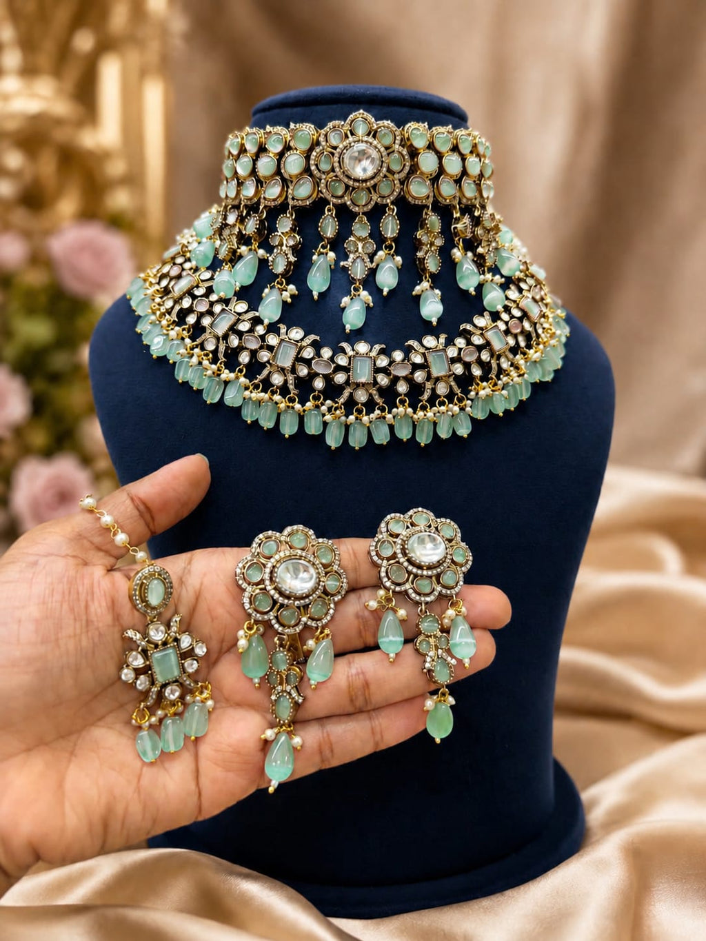 Mint Green Bridal Kundan Polki Jewellery Set with Choker Earrings and Maang Tikka