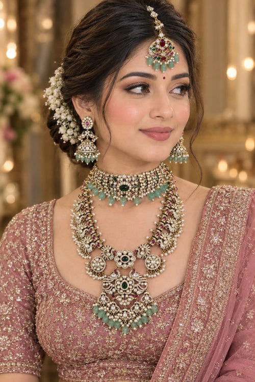 Emerald Green and Ruby Kundan Bridal Choker Necklace Set
