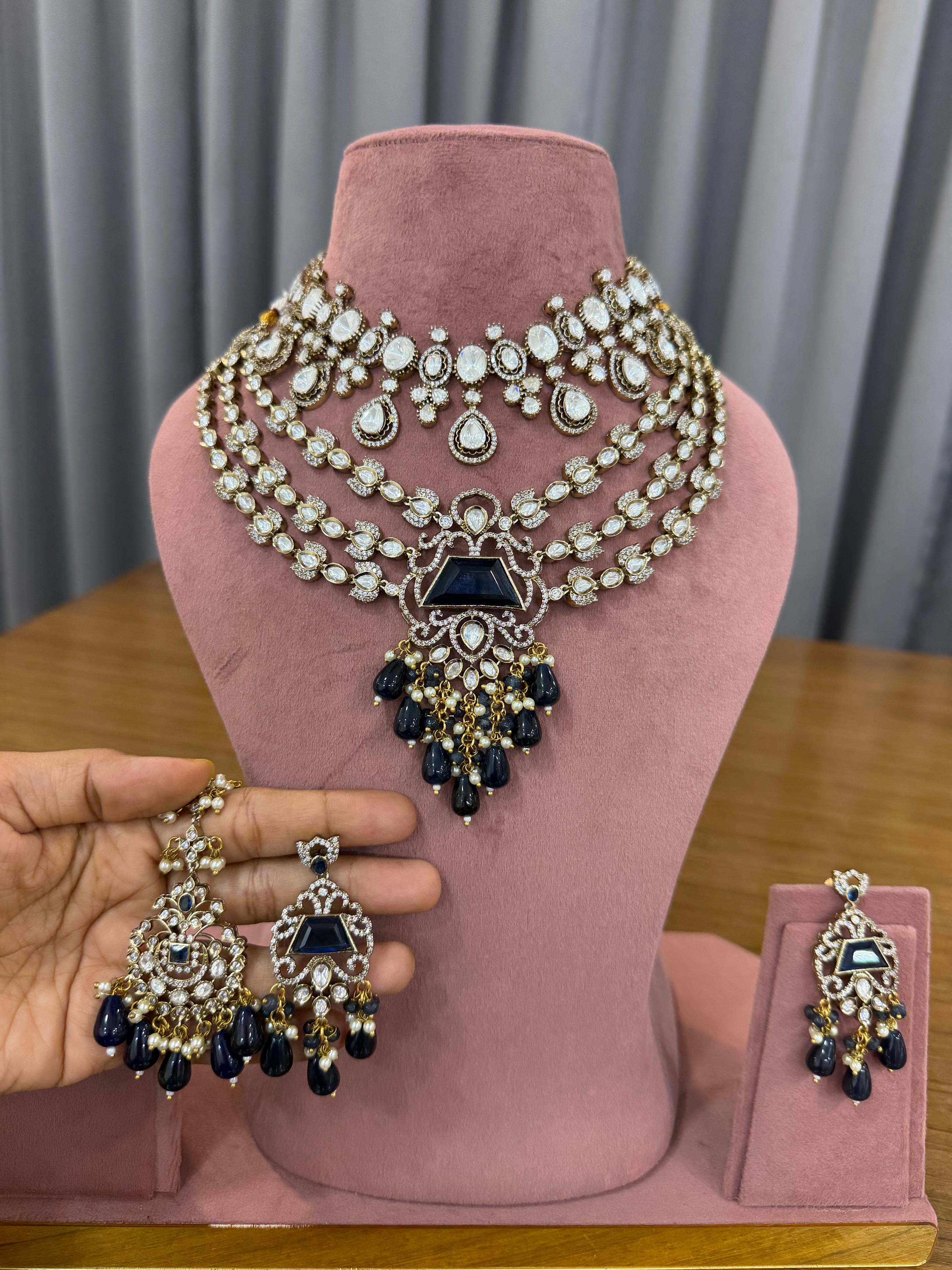 Royal blue Bridal Kundan and Polki Jewellery Set with Multi Layer Necklace and Earrings