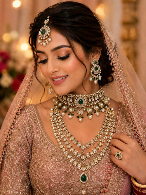 Emerald green Kundan bridal necklace set with layered long necklace and earrings
