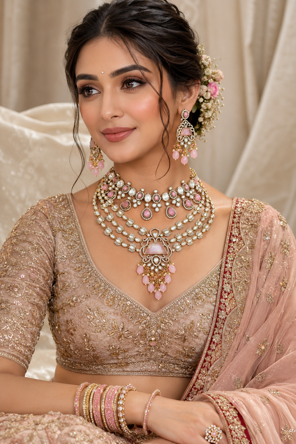 Pink Bridal Kundan Polki Jewellery Set with Choker Necklace and Earrings