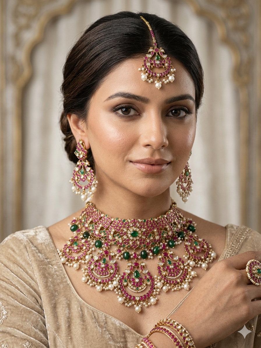 Indian bridal kundan necklace set with green stones and pearls