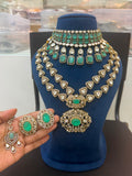 Premium Emerald Green Bridal Kundan & Polki Jewellery Set with Choker, Long Necklace and Earrings