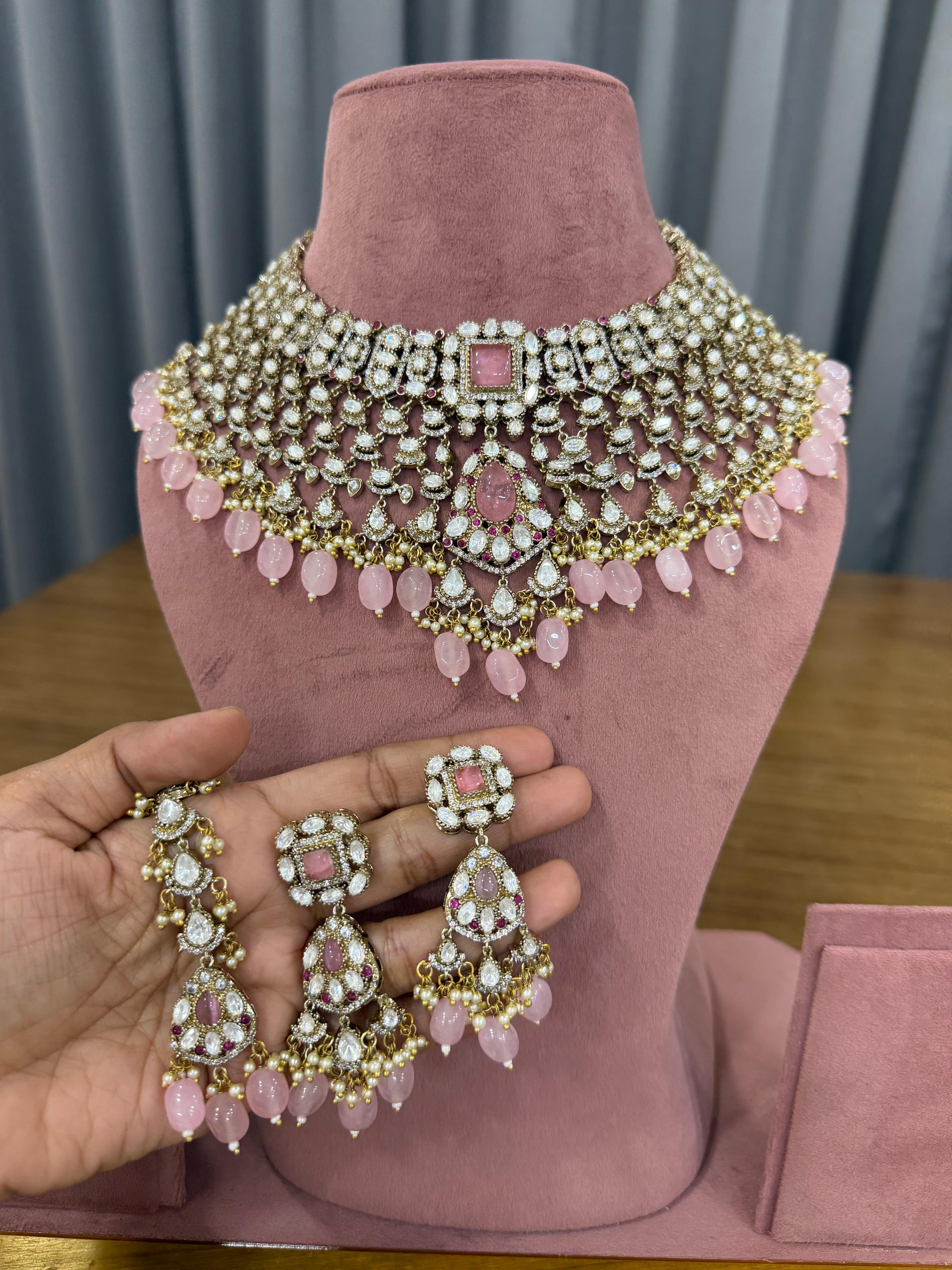 Bridal Kundan Choker Necklace Set with Blush Pink Stones and Polki Work.