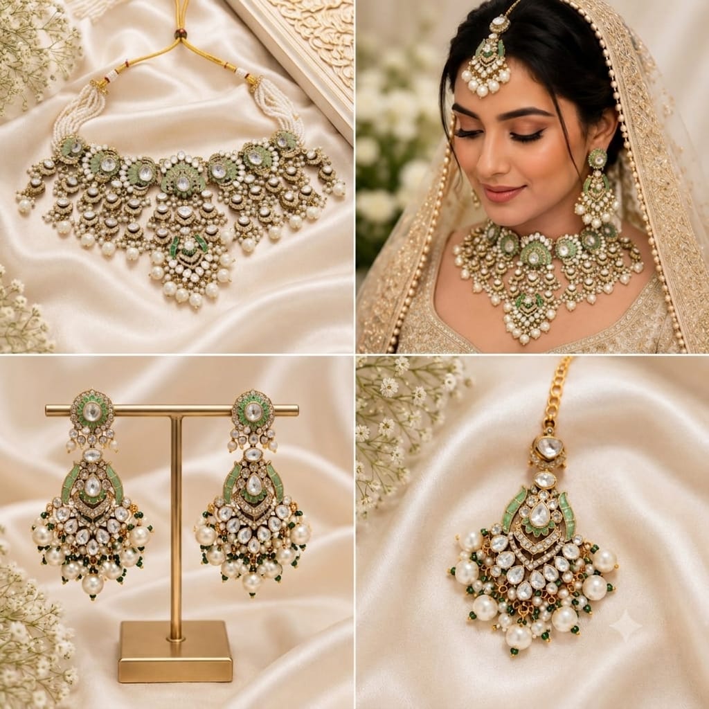 Bridal Kundan Polki necklace set with earrings and maang tikka