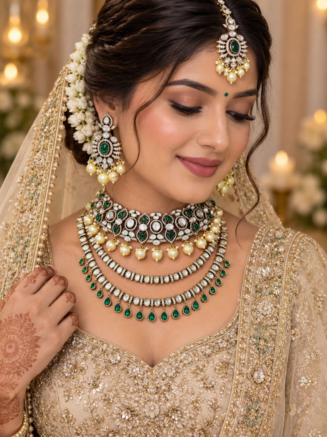 Opulent Emerald-Pearl Kundan Polki Choker & Long Haar Set - Kundan Polki Bridal Jewellery by Ganesh Kundan & Polki (view 2)