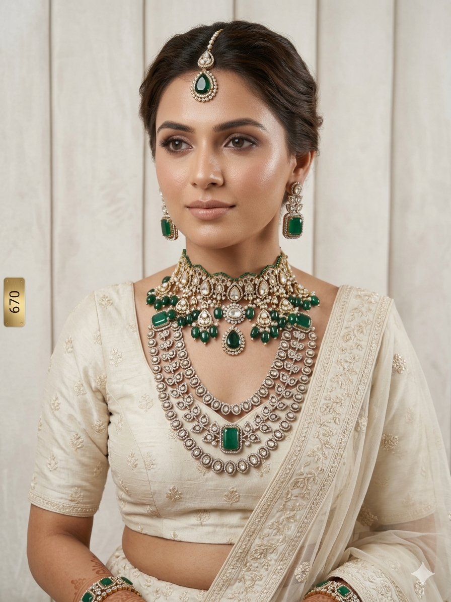 Green stone bridal kundan choker and necklace set India
