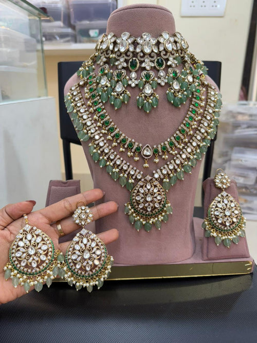 Green kundan polki bridal jewellery set with choker and long necklace