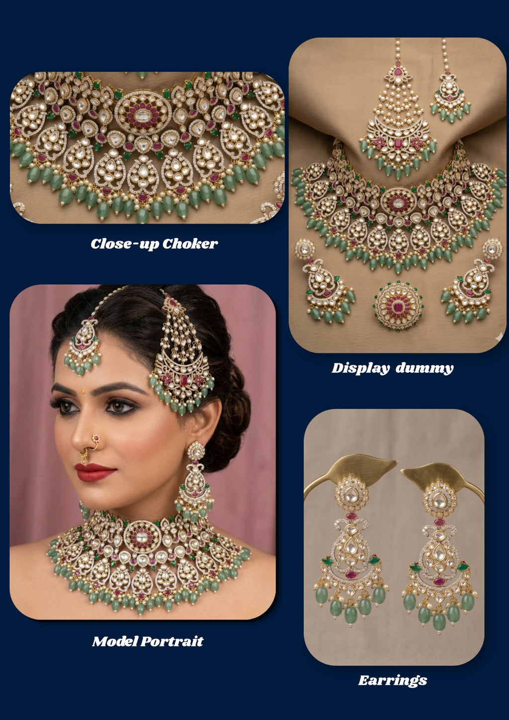 Bridal kundan polki jewellery set with choker long necklace green beads