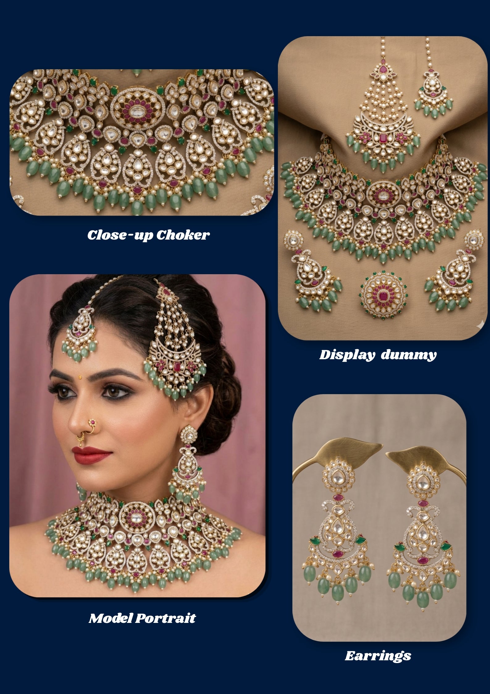 Bridal kundan polki jewellery set with choker long necklace green beads