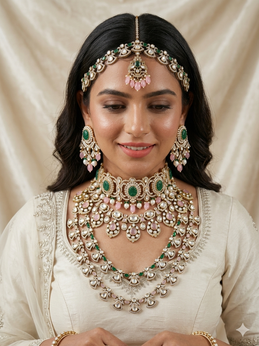 Indian bridal kundan choker set with long haar and earrings
