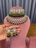 Bridal Kundan Polki Choker and Layered Necklace Set with Emerald Green Drops